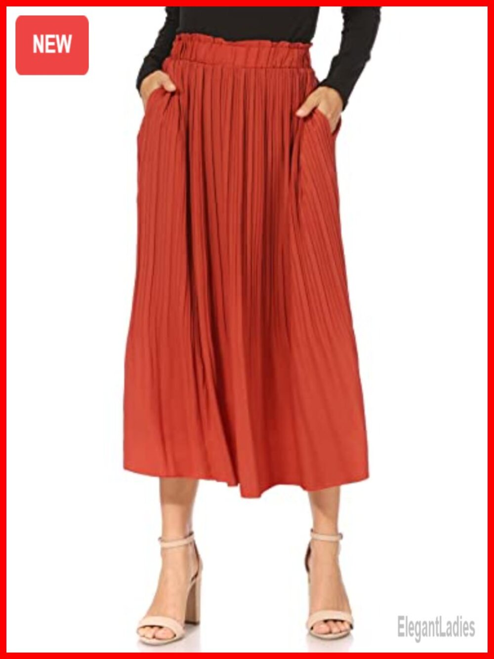 Pleated Midi Skirt High Waisted Elastic A-Line with Pockets Womens